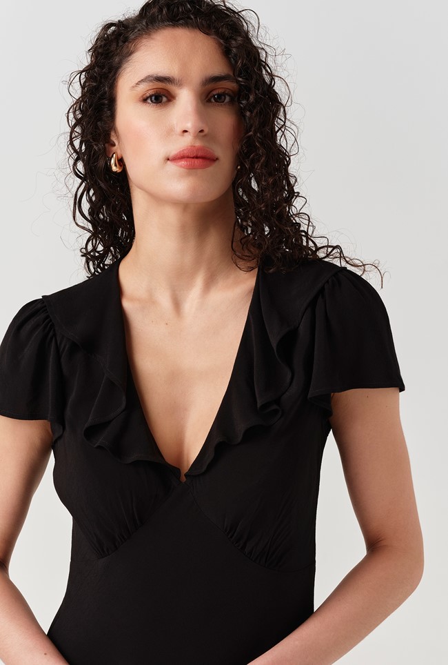 Kimmy Frill Neck Crepe Midi Dress