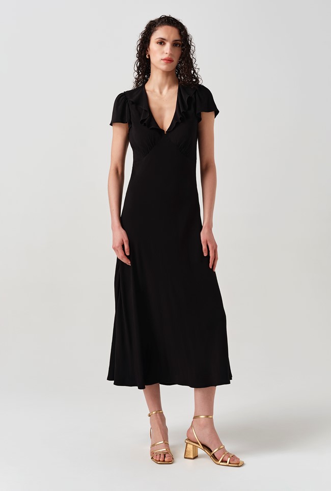 Kimmy Frill Neck Crepe Midi Dress