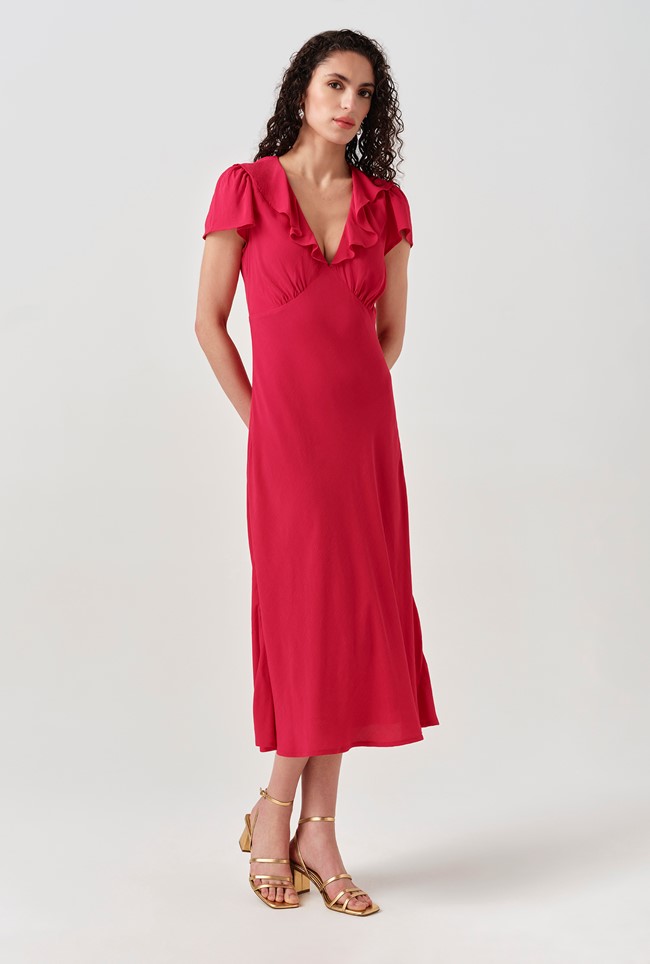 Kimmy Frill Neck Crepe Midi Dress