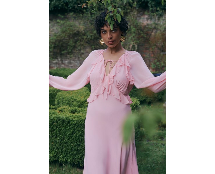 Naomi Pink Long Sleeve Frill Midi Dress | Ghost London