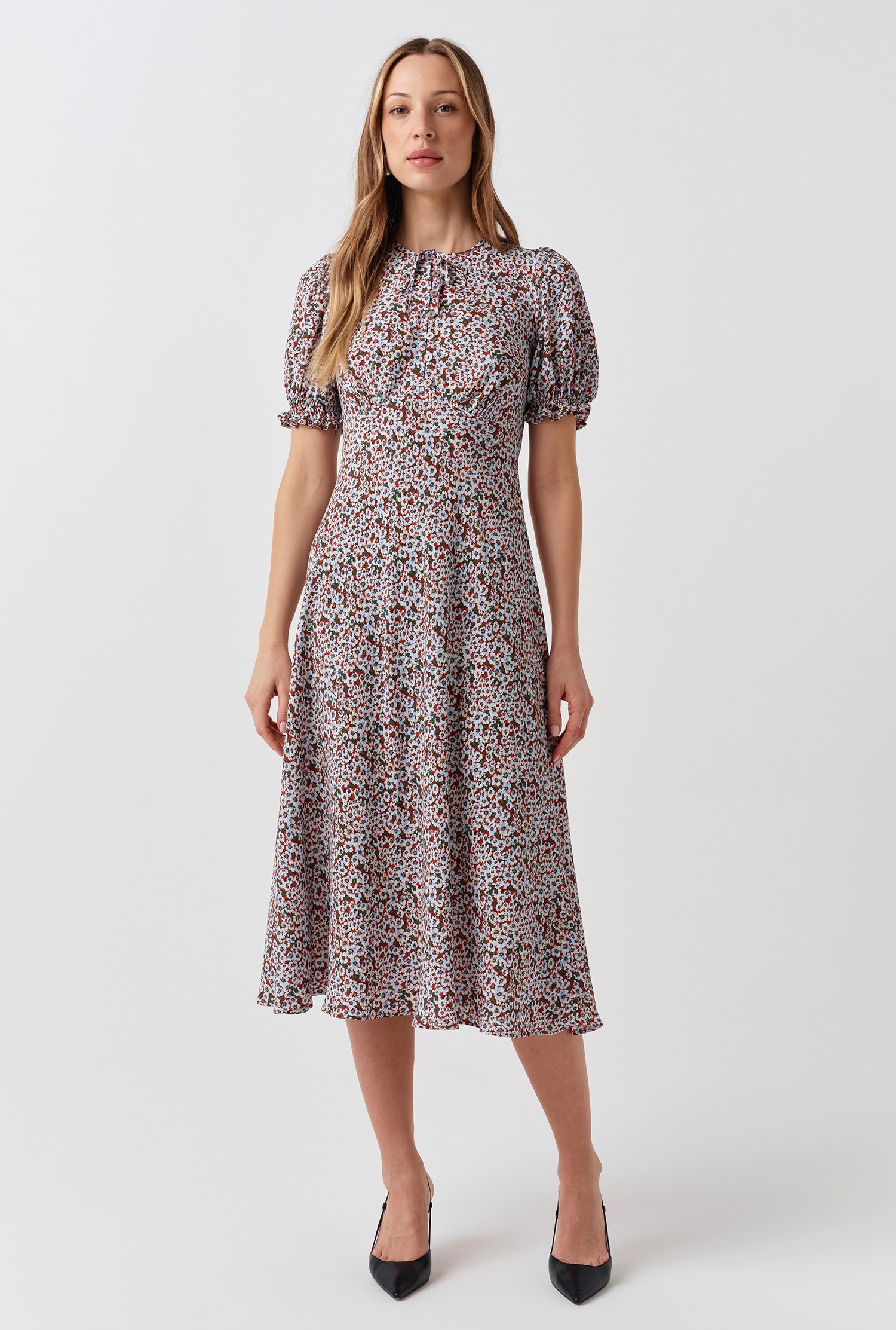 An image depicting Ghost Clarissa Ditsy Tie Front Midi Dress