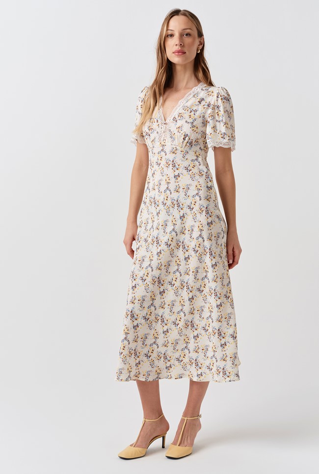 Belle Floral Lace Crepe Midi Dress