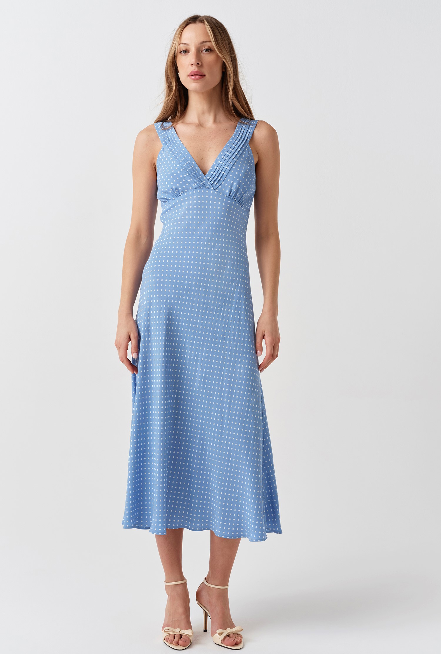Elise Blue Spot Pintuck Crepe Midi Dress | Women's Clothing | Women's Dresses | Ghost London Elise Blue Spot Pintuck Crepe Midi Dress | Women's Clothing | Women's Dresses | Ghost London