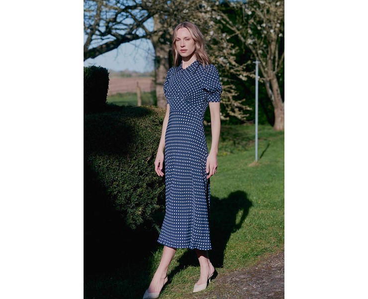 Wilma Navy Spot Collared Midi Dress | Ghost London