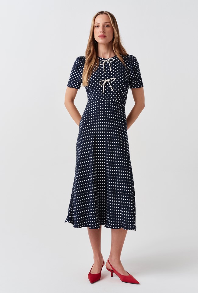 Louisa Polka Dot Tie Front Midi Dress