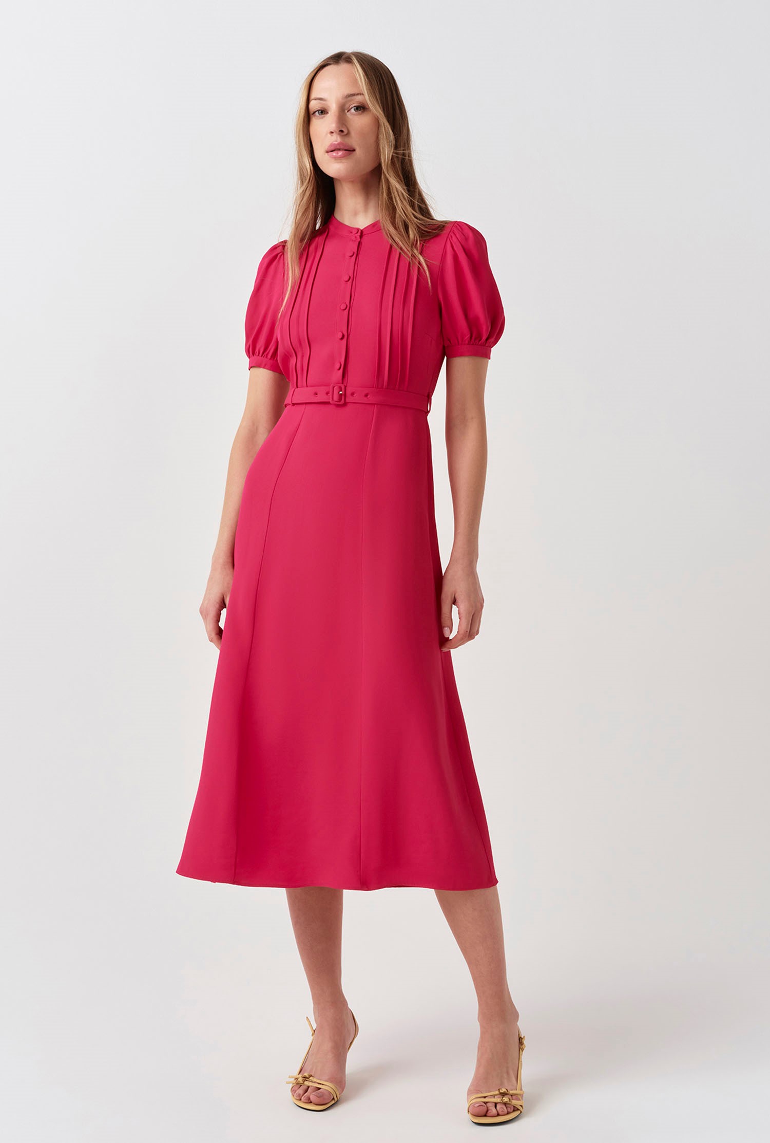 pink midi dress with sleeves Sunday Best Finished with subtle shaping seams for a flattering fit Pink Split Neck Three Quarter