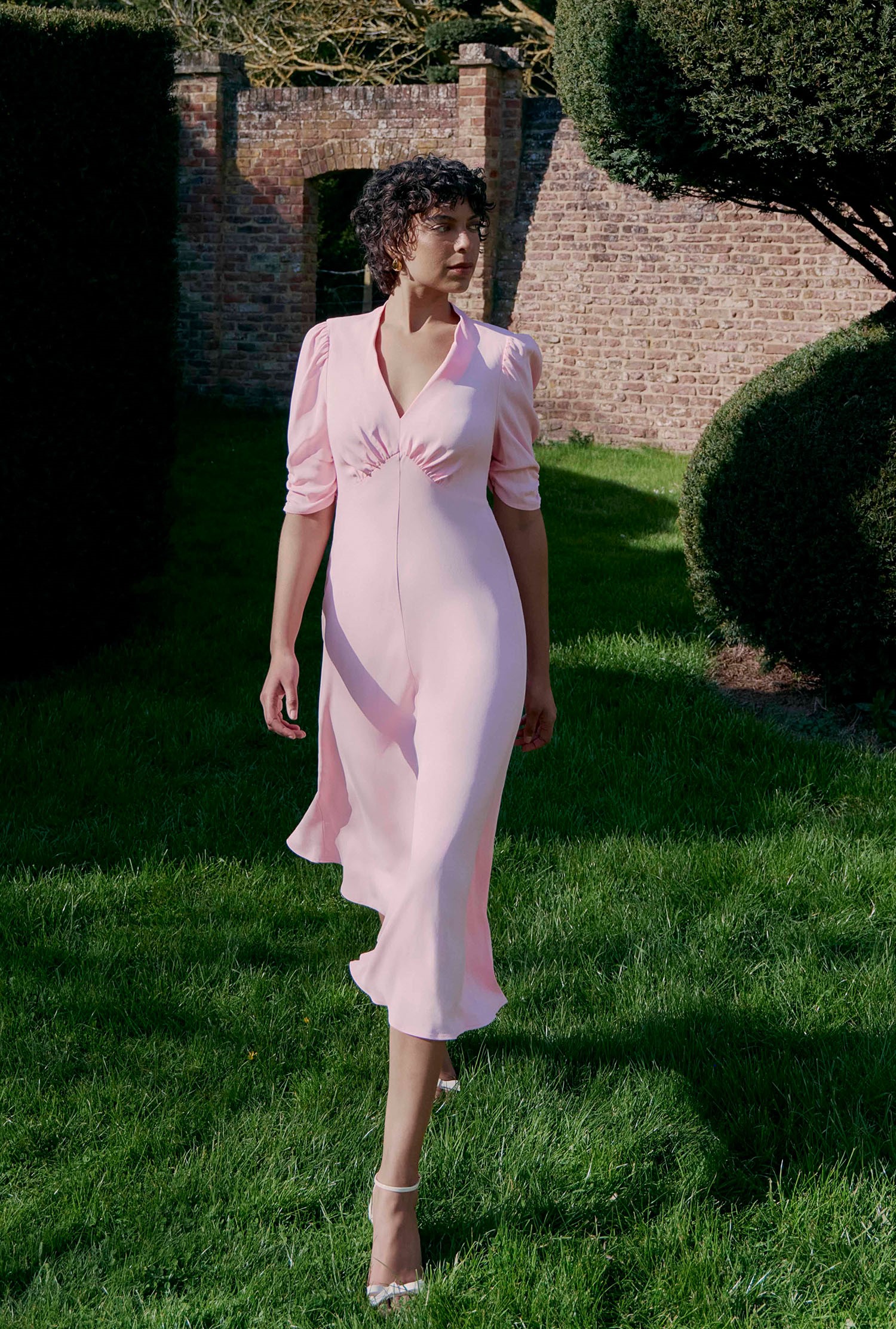 Mia Pink Crepe V Neck Midi Dress | Ghost London