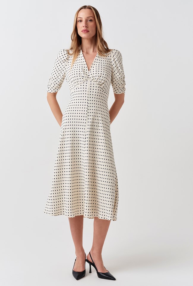 Mia Polka Dot Crepe V Neck Midi Dress