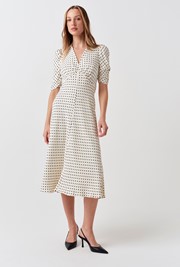 Mia Polka Dot Crepe V Neck Midi Dress
