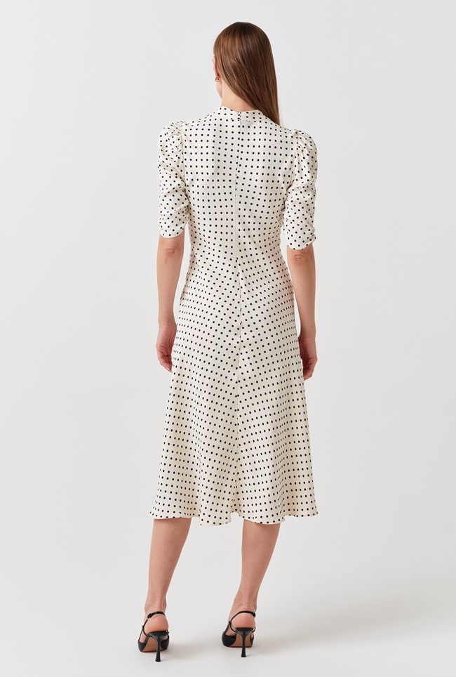 Mia Polka Dot Crepe V Neck Midi Dress