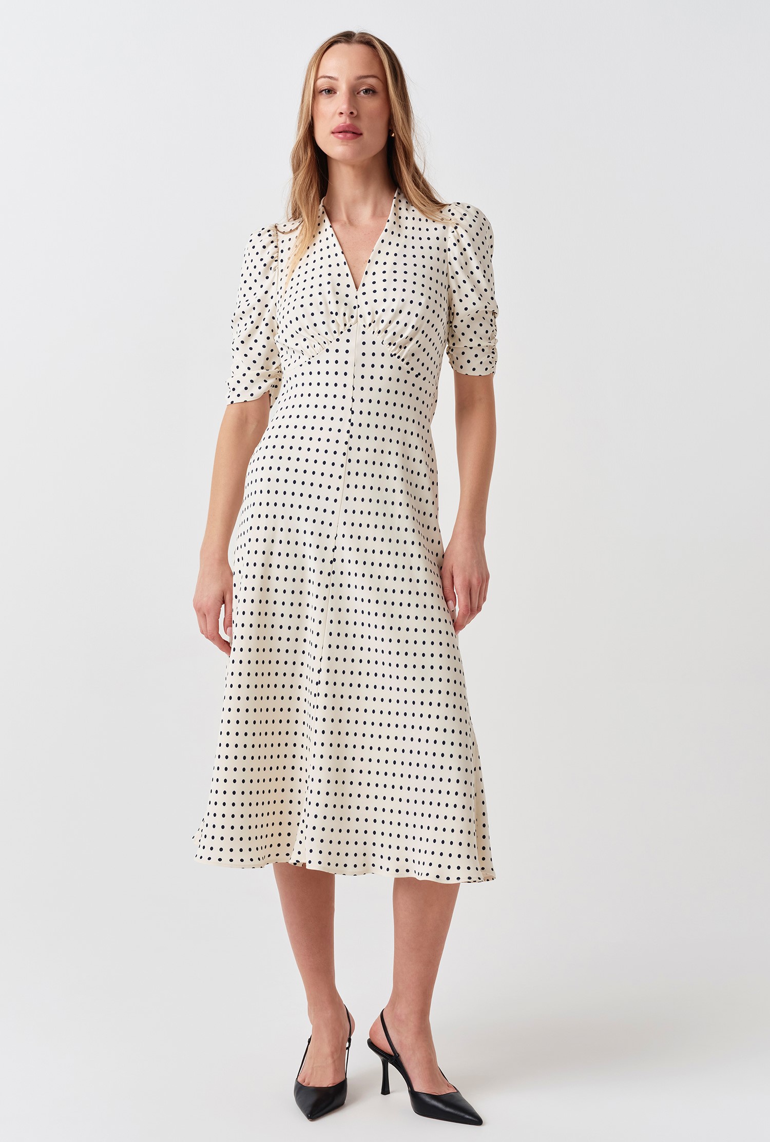 knee length dresses for ladies The Beige V Neck Polka Dot Button Midi Dress main image 0