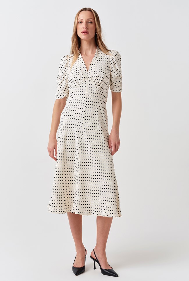 Mia Polka Dot Crepe V Neck Midi Dress