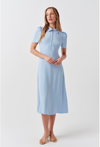 short sleeve collared dress Blue Neck Button Front Midi Featuring a structured collar and full front closure TqaSer Women's Summer Short Sleeve