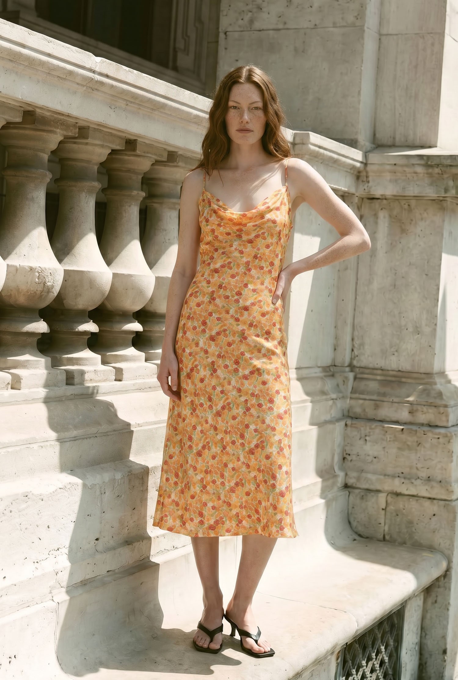 Stacy Orange Tulip Cowl Neck Crepe Midi Dress | Women's Clothing