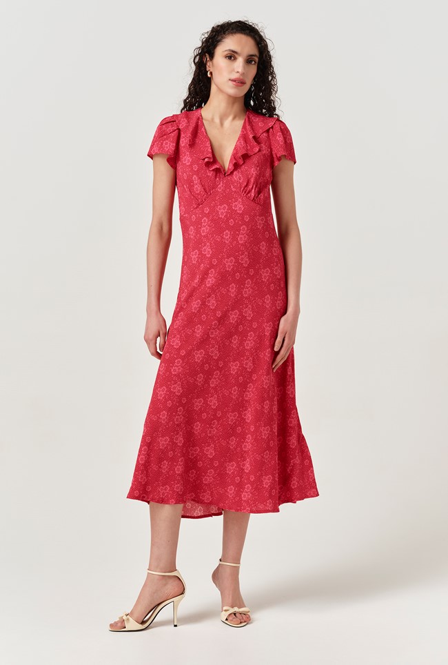 Kimmy Dotty Floral Frill Neck Crepe Midi Dress