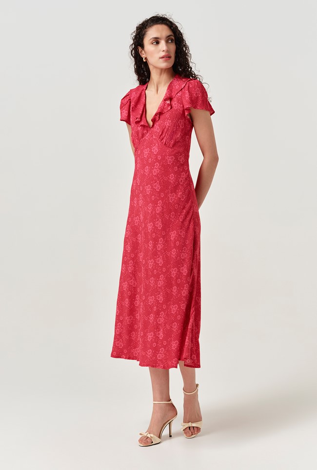 Kimmy Dotty Floral Frill Neck Crepe Midi Dress