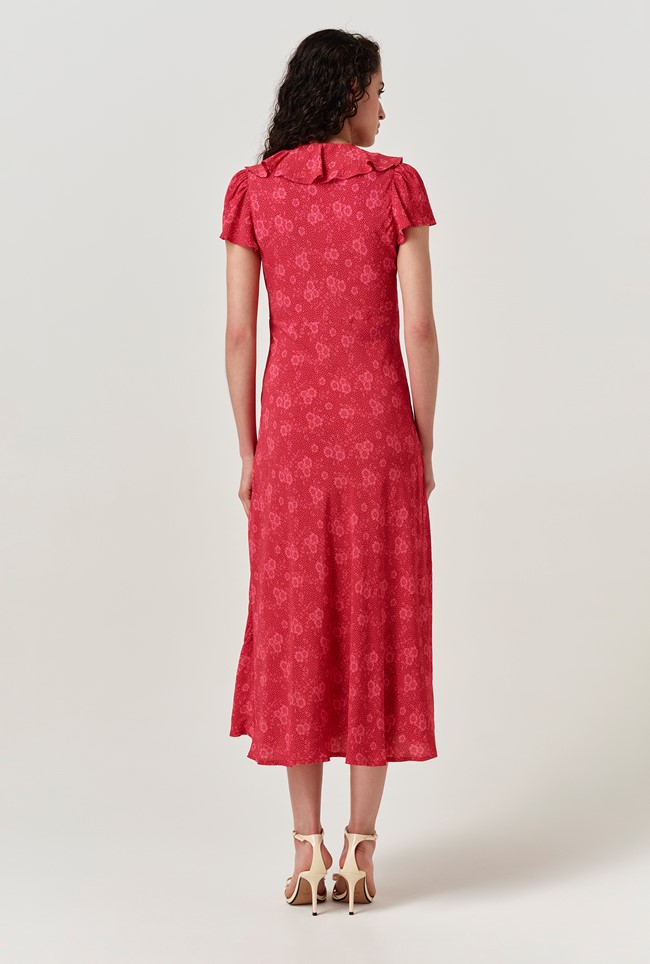 Kimmy Dotty Floral Frill Neck Crepe Midi Dress