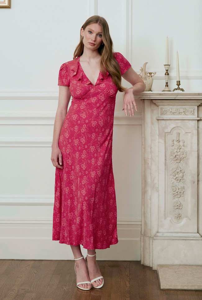 Kimmy Dotty Floral Frill Neck Crepe Midi Dress