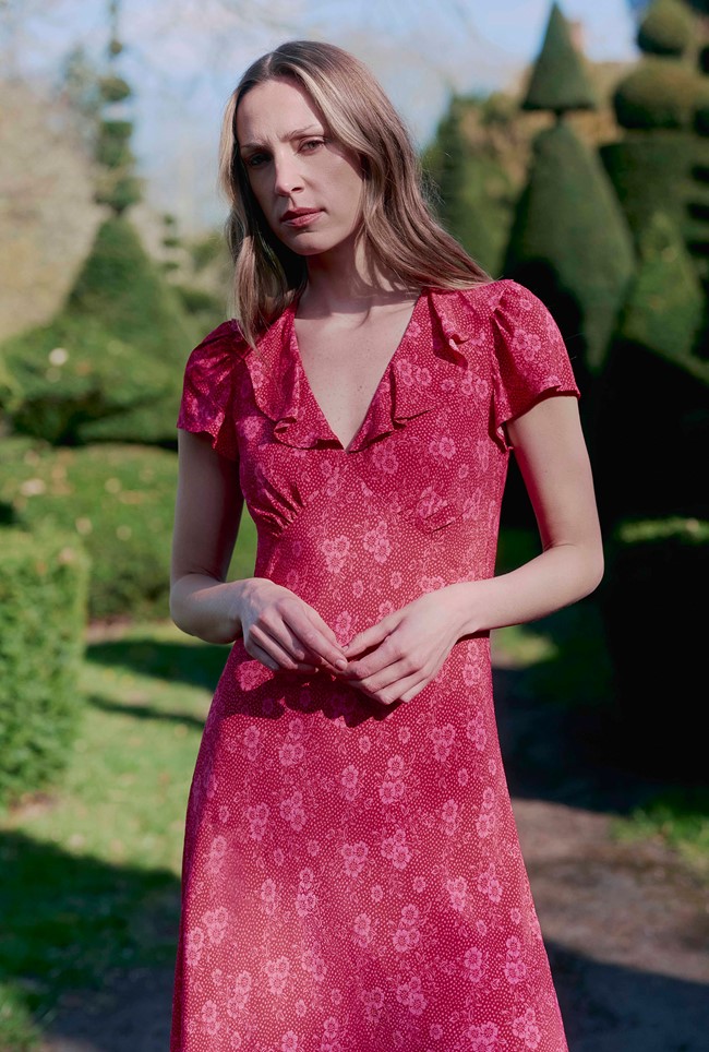 Kimmy Dotty Floral Frill Neck Crepe Midi Dress