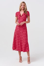 Kimmy Dotty Floral Frill Neck Crepe Midi Dress