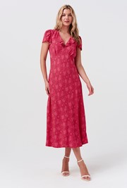Kimmy Dotty Floral Frill Neck Crepe Midi Dress