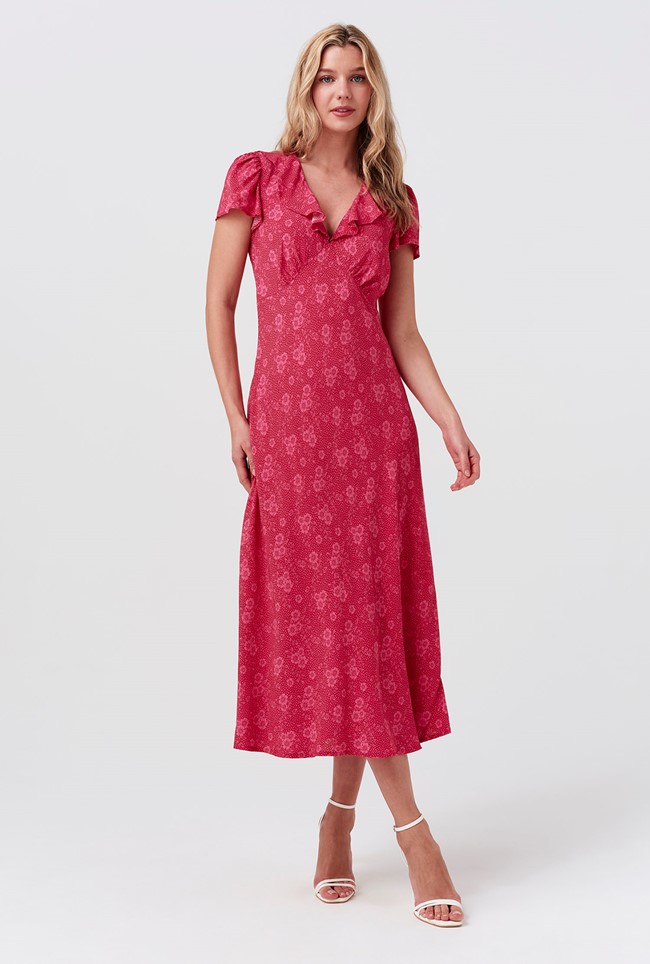 Kimmy Dotty Floral Frill Neck Crepe Midi Dress