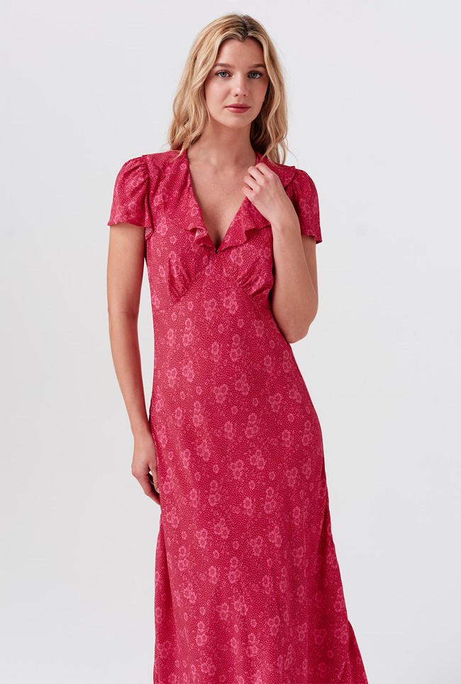 Kimmy Dotty Floral Frill Neck Crepe Midi Dress