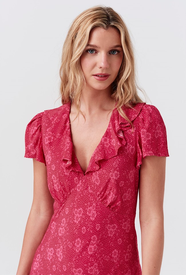 Kimmy Dotty Floral Frill Neck Crepe Midi Dress