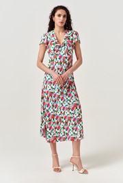Kimmy Tulip Floral Frill Neck Crepe Midi Dress