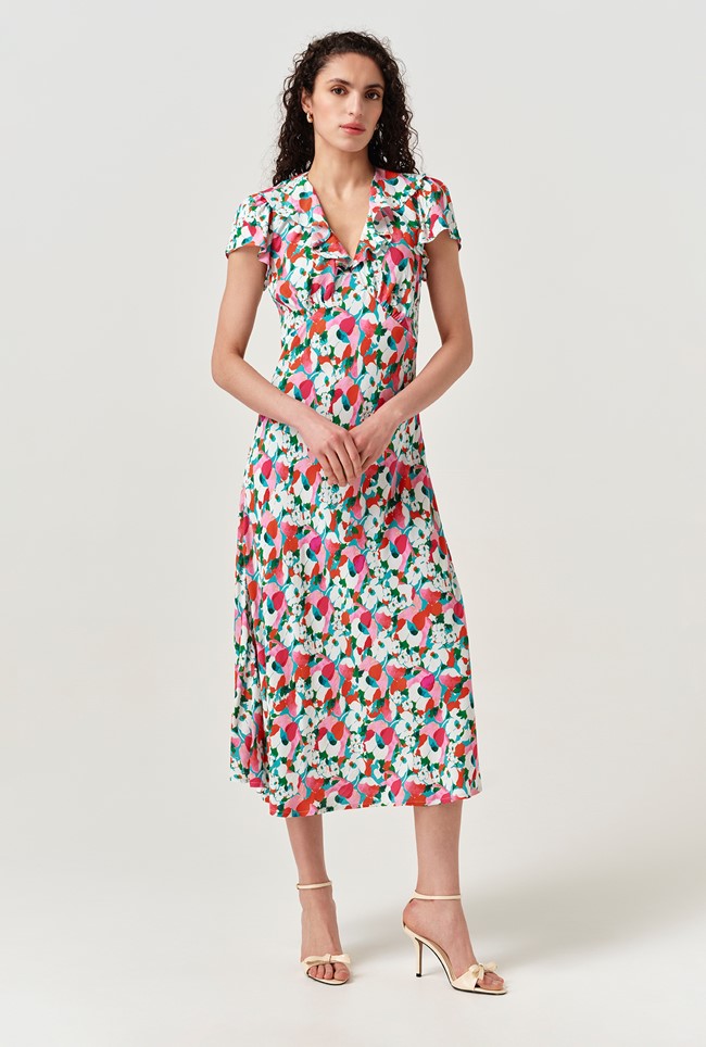 Kimmy Tulip Floral Frill Neck Crepe Midi Dress