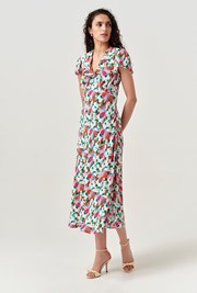 Kimmy Tulip Floral Frill Neck Crepe Midi Dress