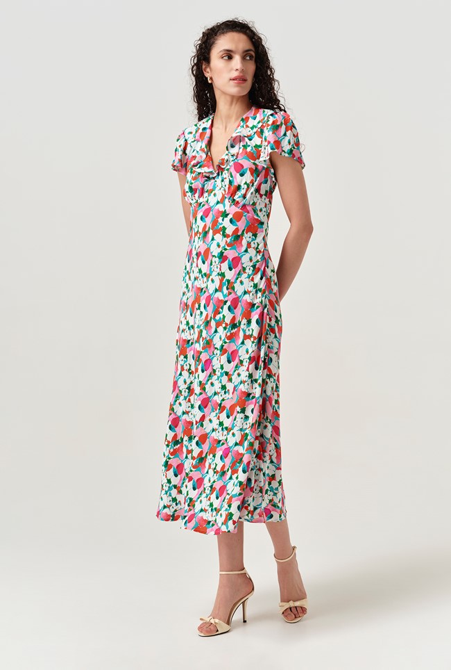 Kimmy Tulip Floral Frill Neck Crepe Midi Dress