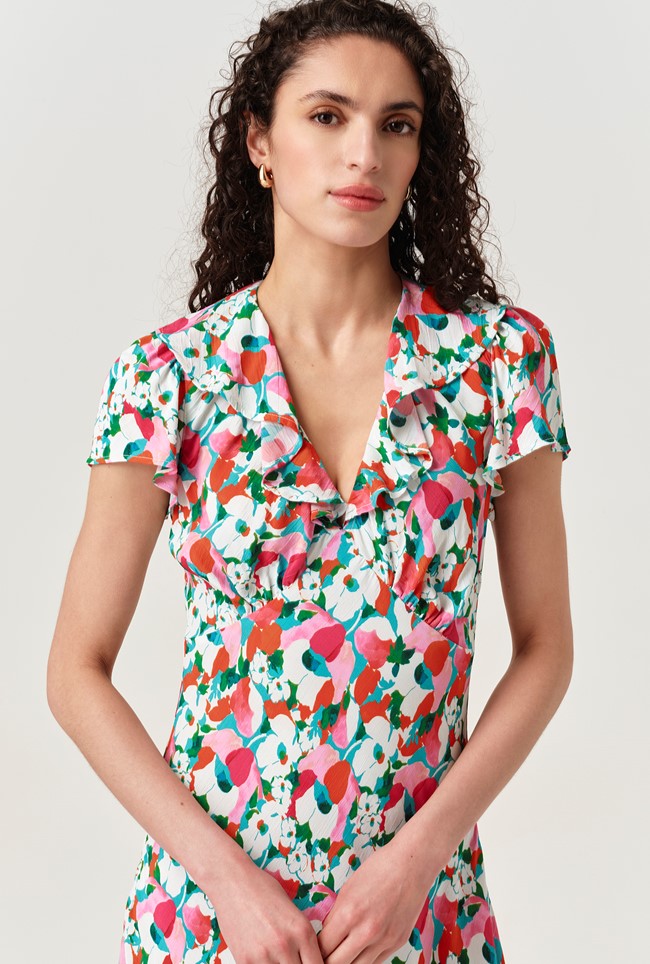 Kimmy Tulip Floral Frill Neck Crepe Midi Dress