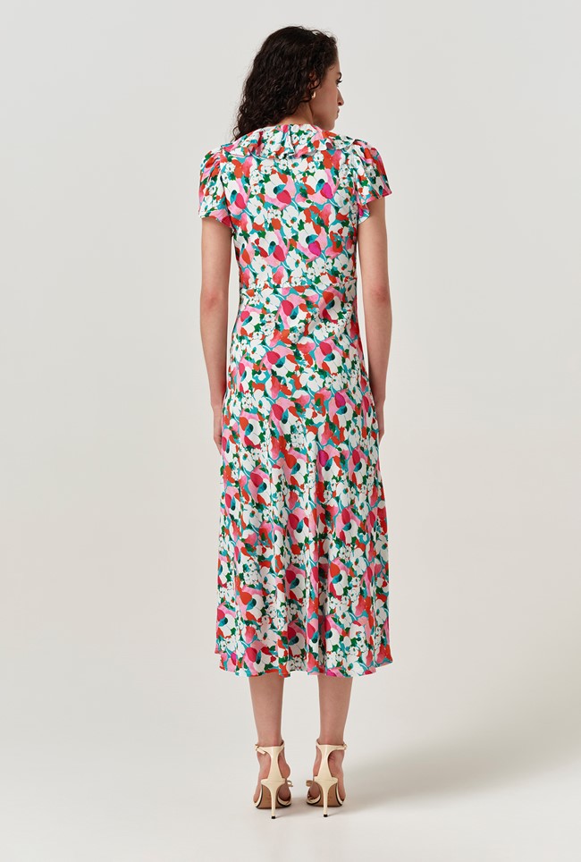 Kimmy Tulip Floral Frill Neck Crepe Midi Dress