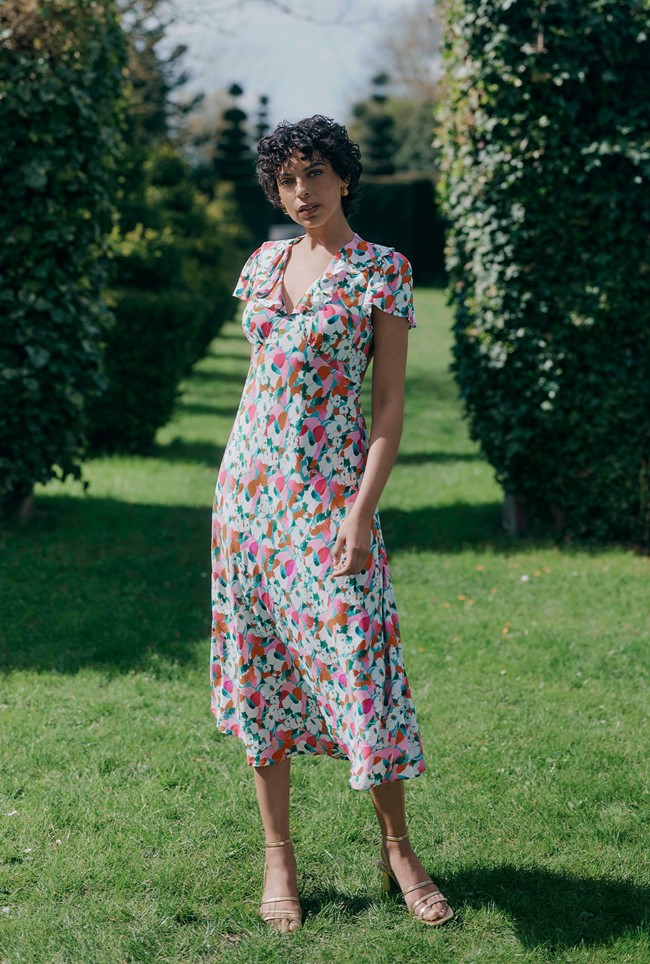 Kimmy Tulip Floral Frill Neck Crepe Midi Dress