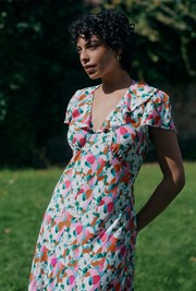 Kimmy Tulip Floral Frill Neck Crepe Midi Dress
