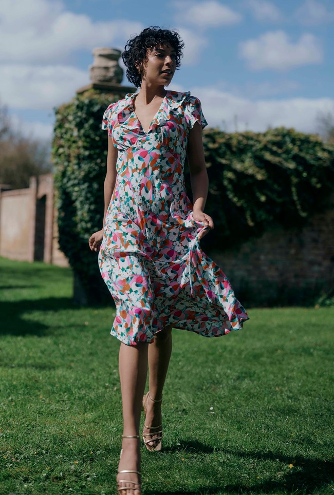 Kimmy Tulip Floral Frill Neck Crepe Midi Dress