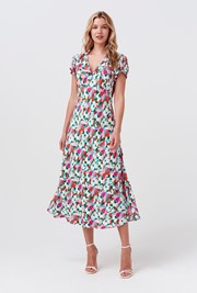 Kimmy Tulip Floral Frill Neck Crepe Midi Dress