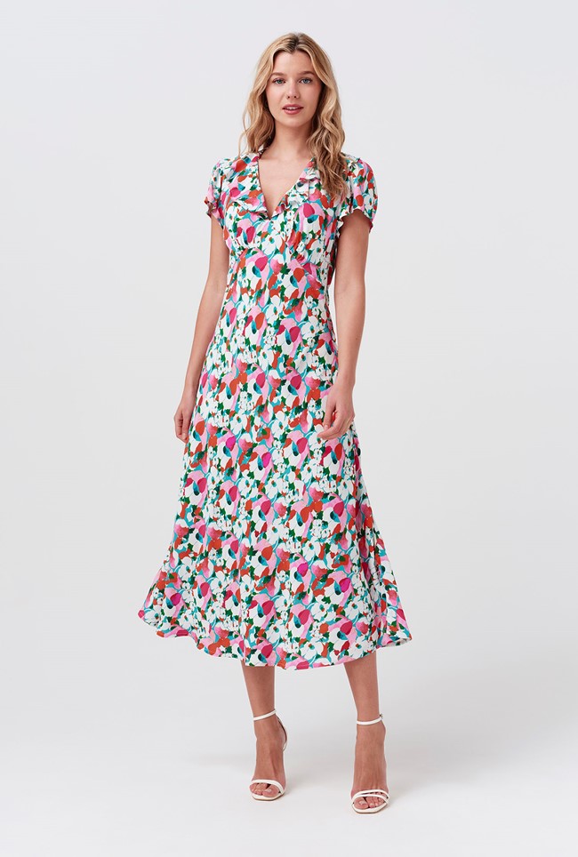 Kimmy Tulip Floral Frill Neck Crepe Midi Dress
