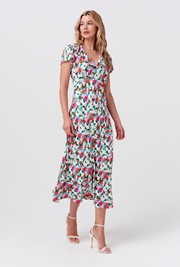 Kimmy Tulip Floral Frill Neck Crepe Midi Dress