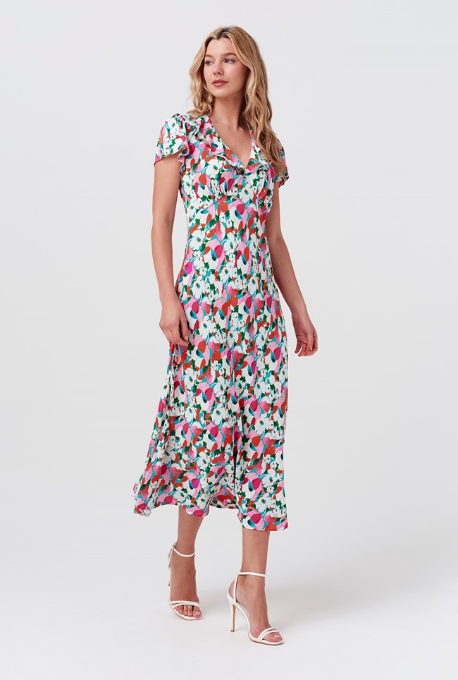 Kimmy Tulip Floral Frill Neck Crepe Midi Dress