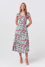 Kimmy Tulip Floral Frill Neck Crepe Midi Dress