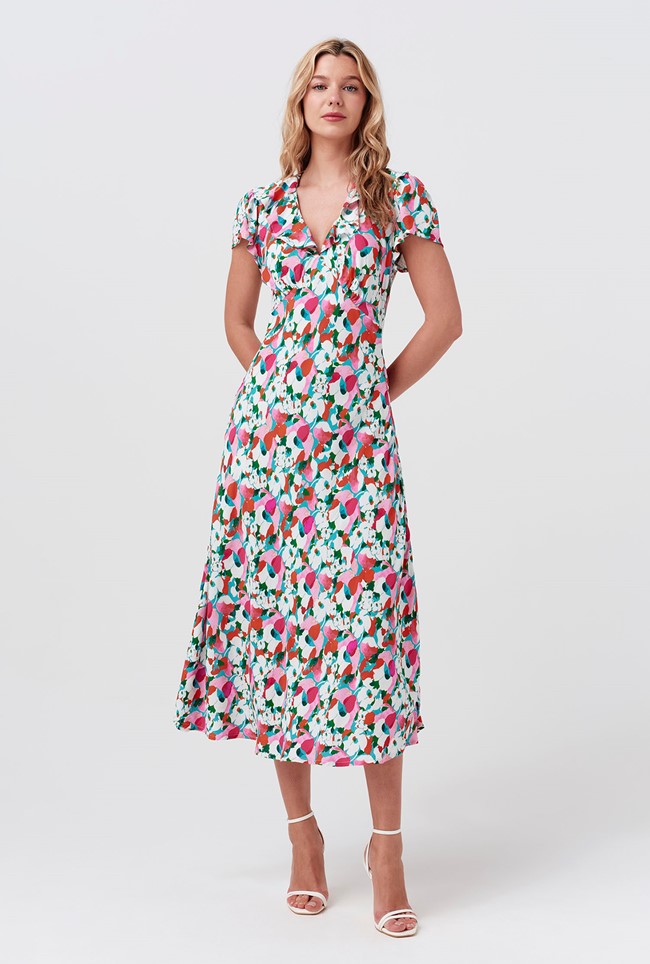 Kimmy Tulip Floral Frill Neck Crepe Midi Dress