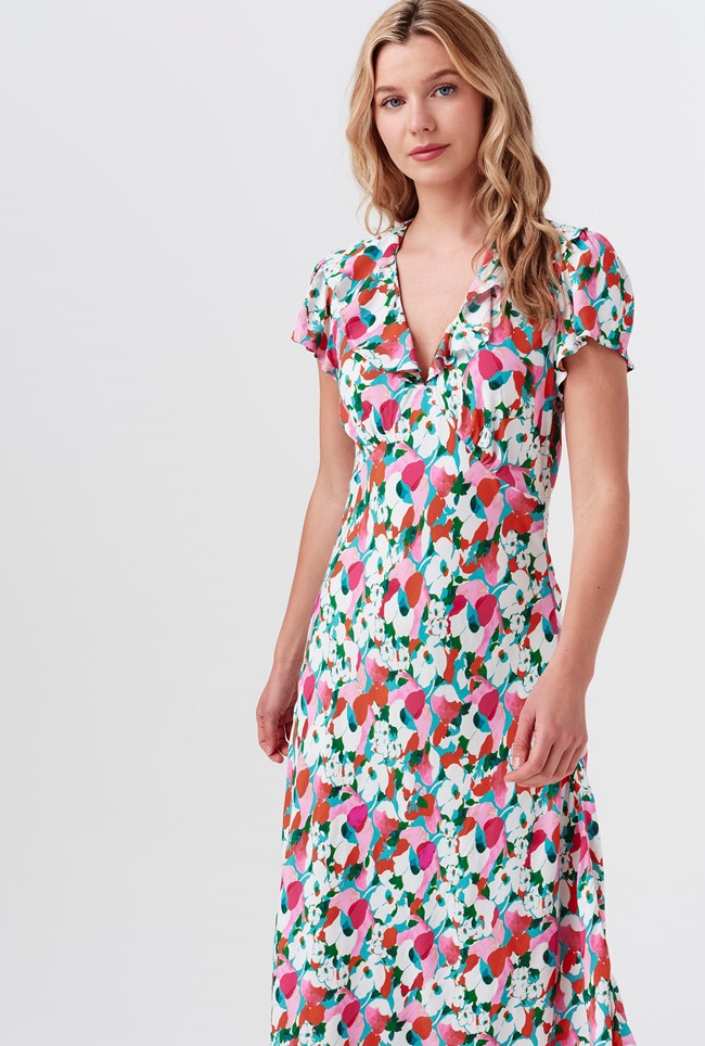 Kimmy Tulip Floral Frill Neck Crepe Midi Dress