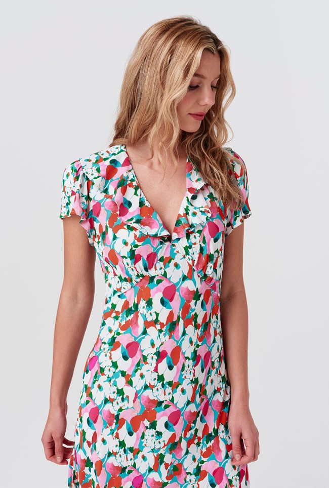Kimmy Tulip Floral Frill Neck Crepe Midi Dress