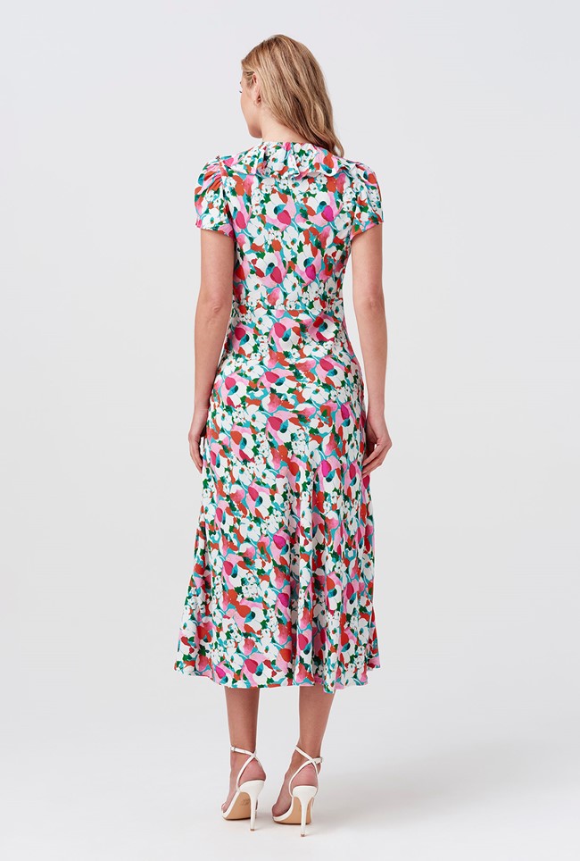 Kimmy Tulip Floral Frill Neck Crepe Midi Dress