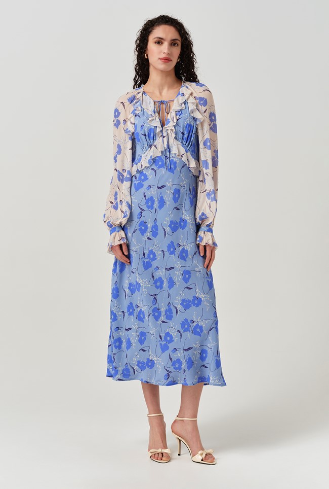 Naomi Floral Long Sleeve Frill Midi Dress