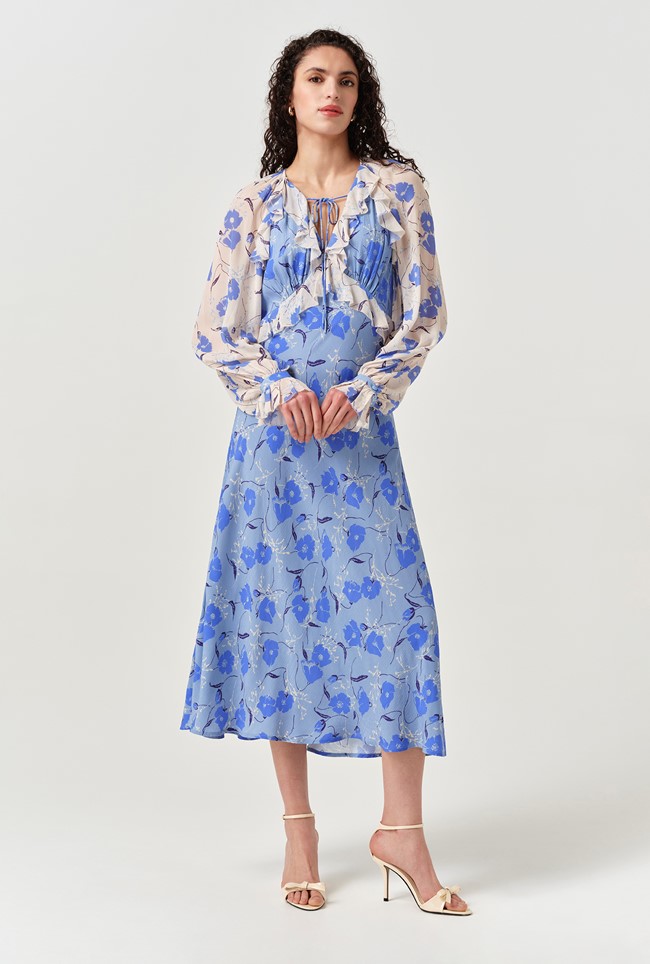 Naomi Floral Long Sleeve Frill Midi Dress