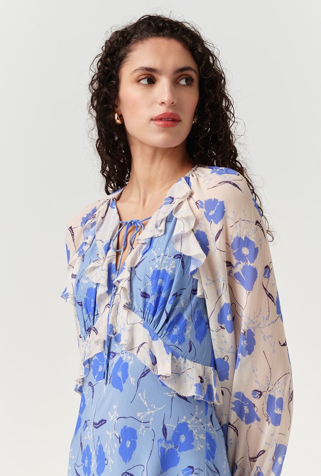 Naomi Floral Long Sleeve Frill Midi Dress