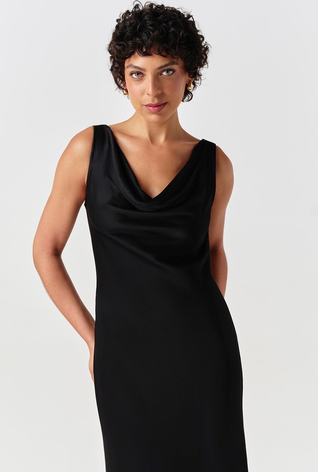Arya Cowl Neck Satin Midi Dress